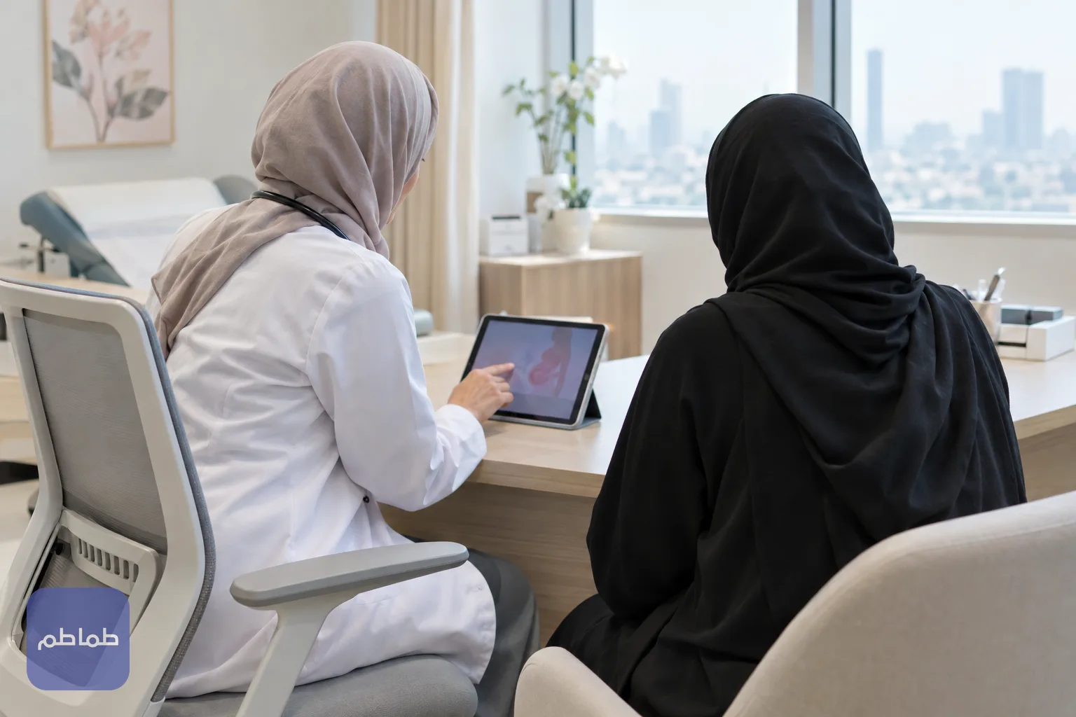 طبيبة تتحدث مع مراجعة في عيادة نساء وتوليد حديثة بإضاءة نهارية هادئة