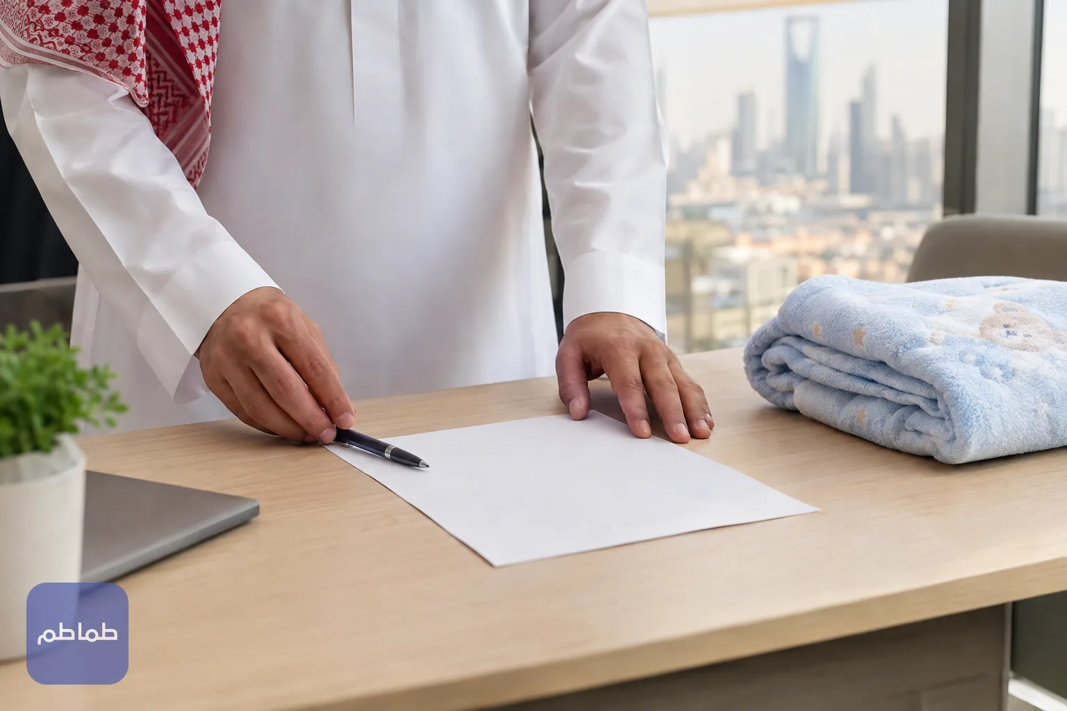 يدا رجل تضعان نموذجًا فارغًا وقلمًا على مكتب خشبي بجانب بطانية مولود