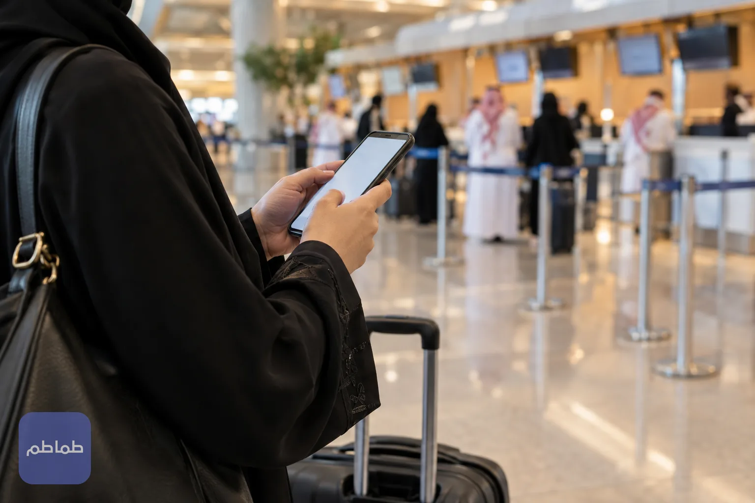 مسافر يتحقق من حالة رحلته على هاتفه داخل صالة مطار خليجية بإضاءة دافئة