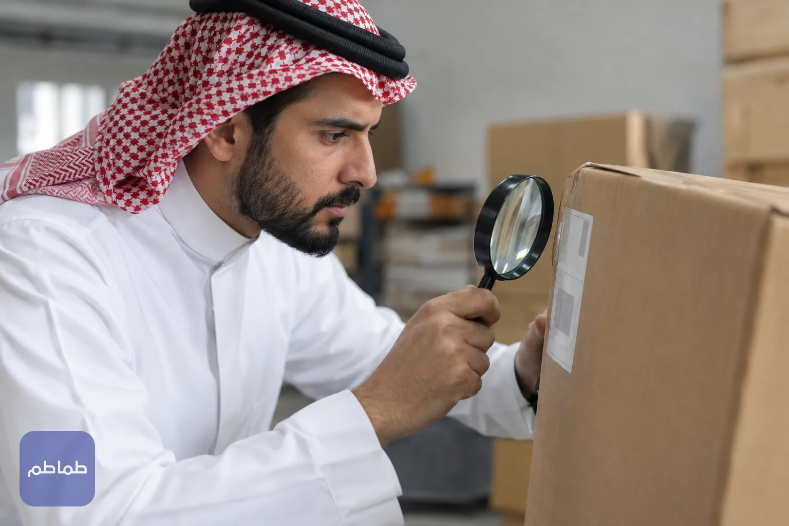 عامل يفحص ملصق منتج على صندوق كرتون داخل مستودع