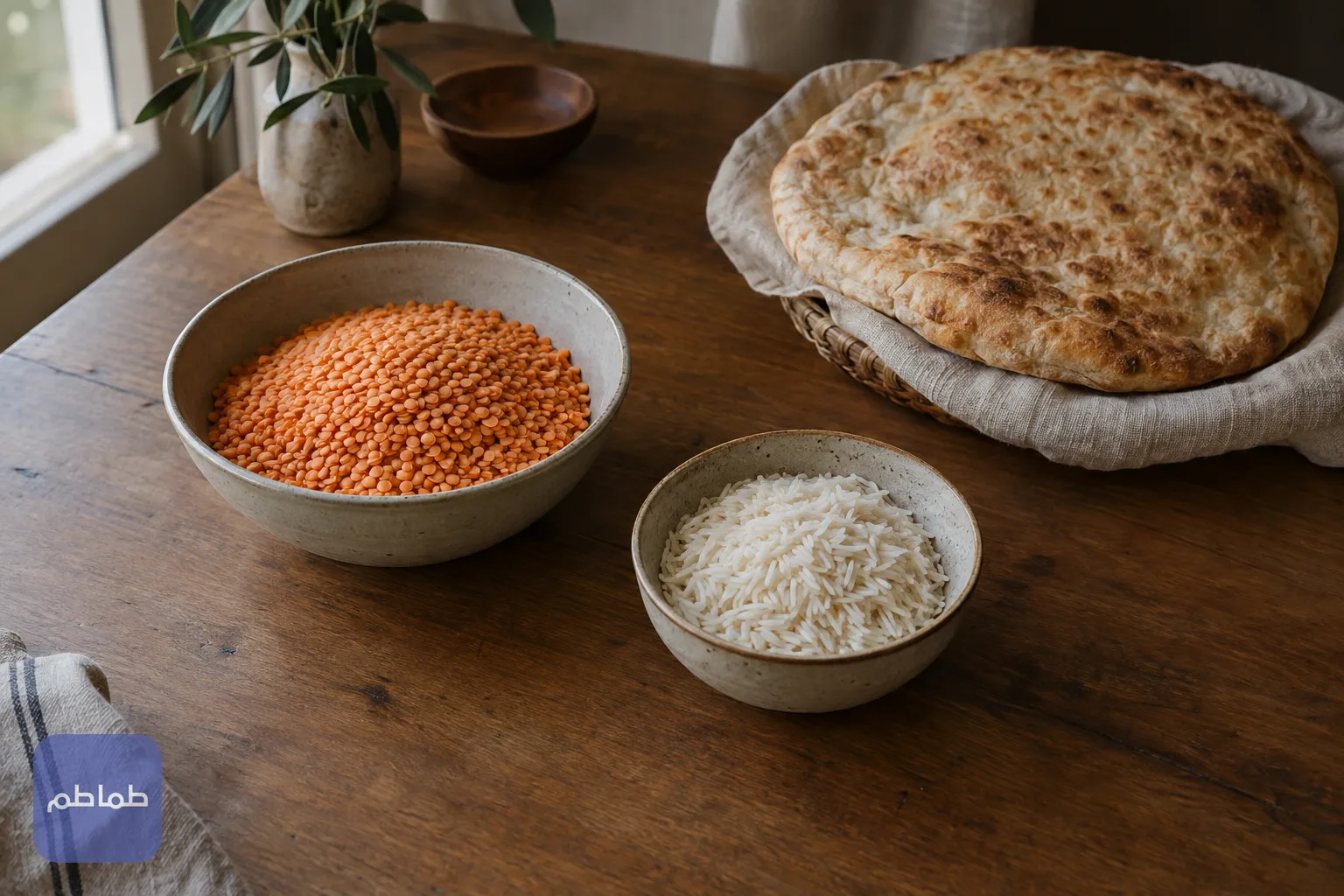 أطباق بسيطة من العدس والخبز والأرز على طاولة خشبية في ضوء النهار