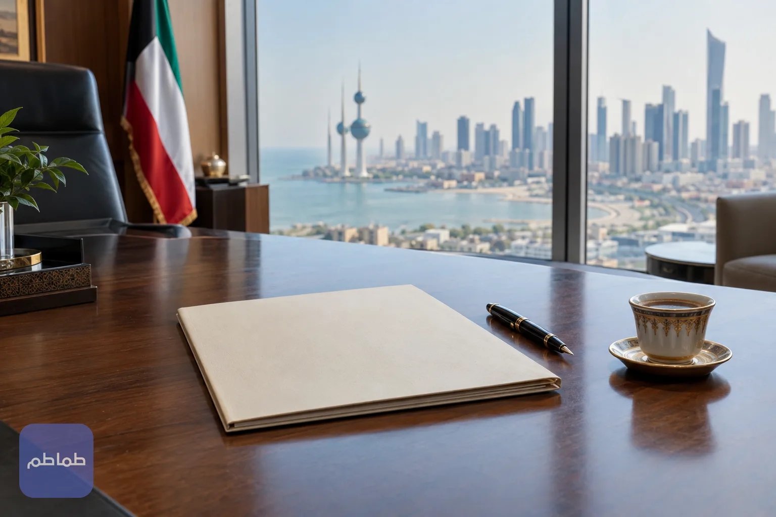 مكتب إداري هادئ في الكويت، ملف مغلق وقلم وفنجان قهوة قرب نافذة مضيئة