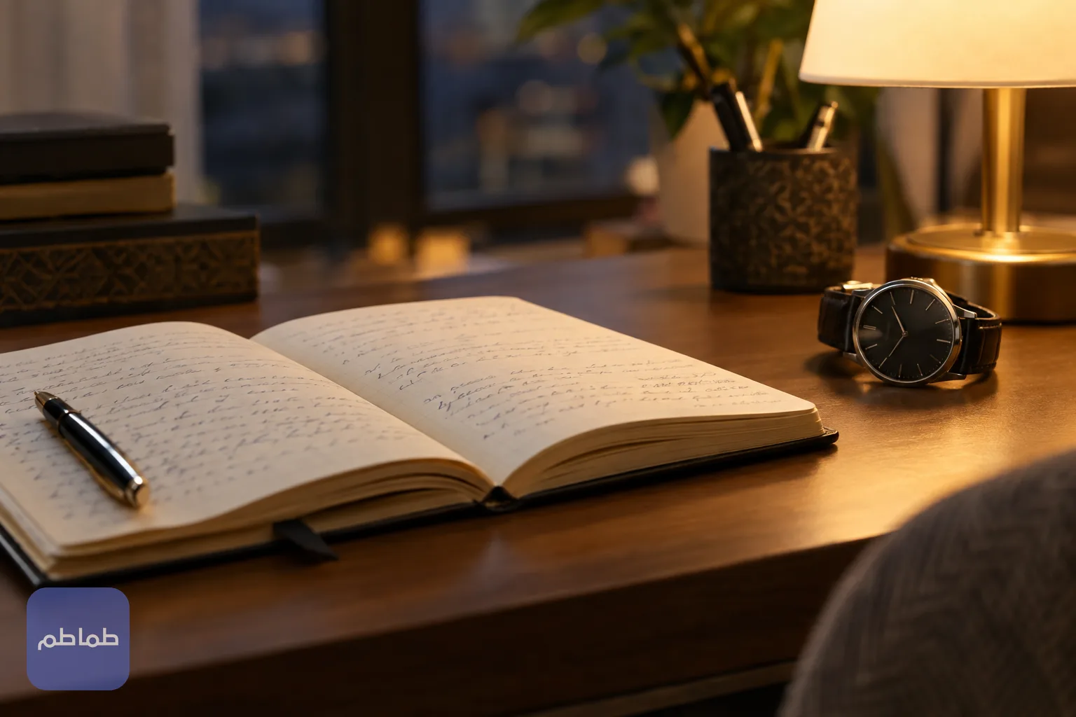 دفتر مفتوح على مكتب خشبي بجانب ساعة ومصباح لتدوين الأحلام