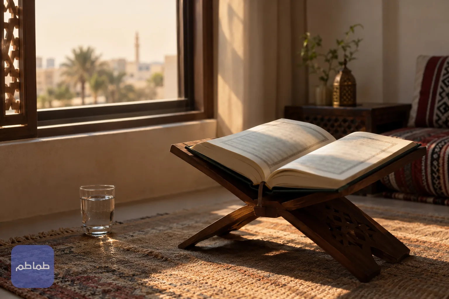 مصحف مفتوح على حامل خشبي قرب نافذة في ضوء المساء الدافئ