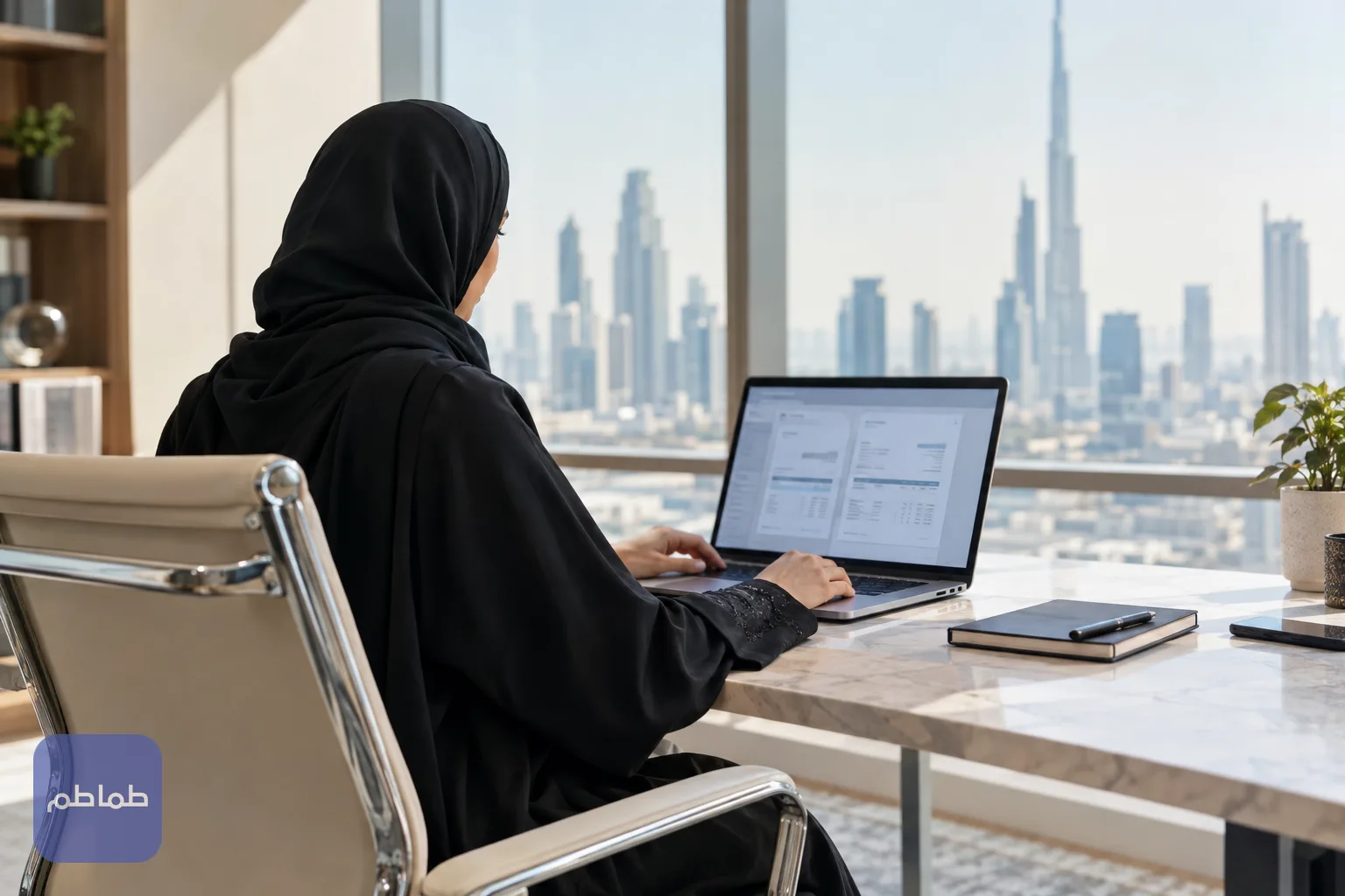 موظف مالية يراجع فواتير رقمية على حاسوب محمول في مكتب حديث بدبي