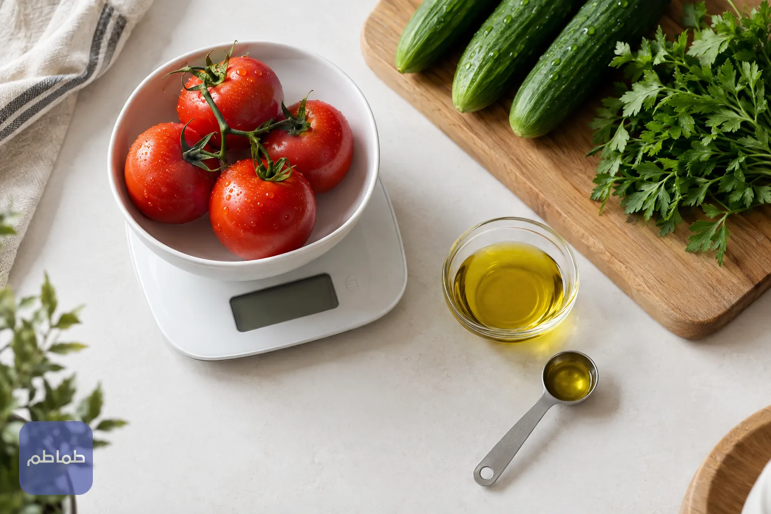 ميزان مطبخ وخضروات طازجة وزيت زيتون على طاولة مطبخ لقياس الحصص
