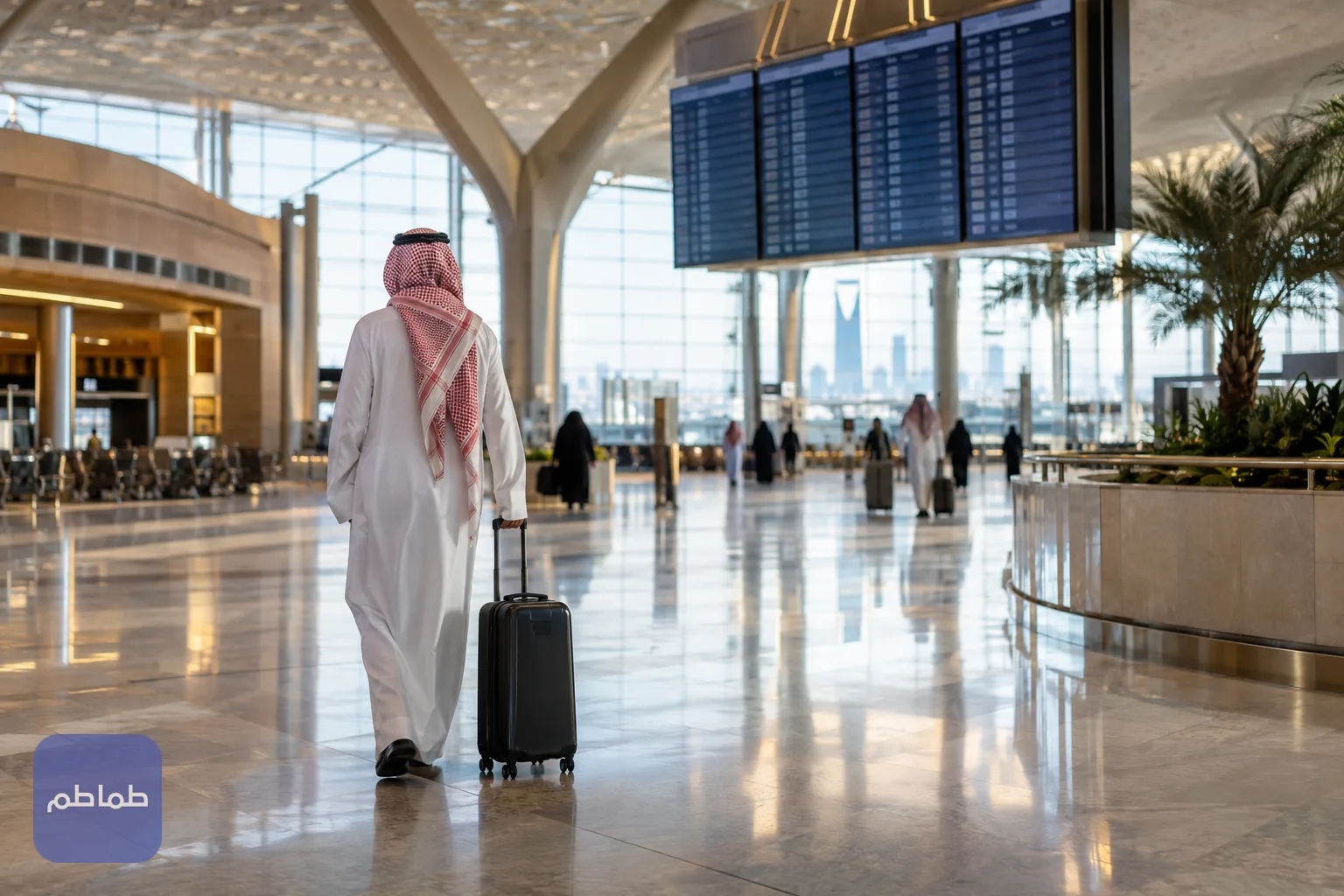 صالة مغادرة في مطار الرياض بإضاءة الصباح، والتحقق من حالة الطيران قبل التوجه ضروري