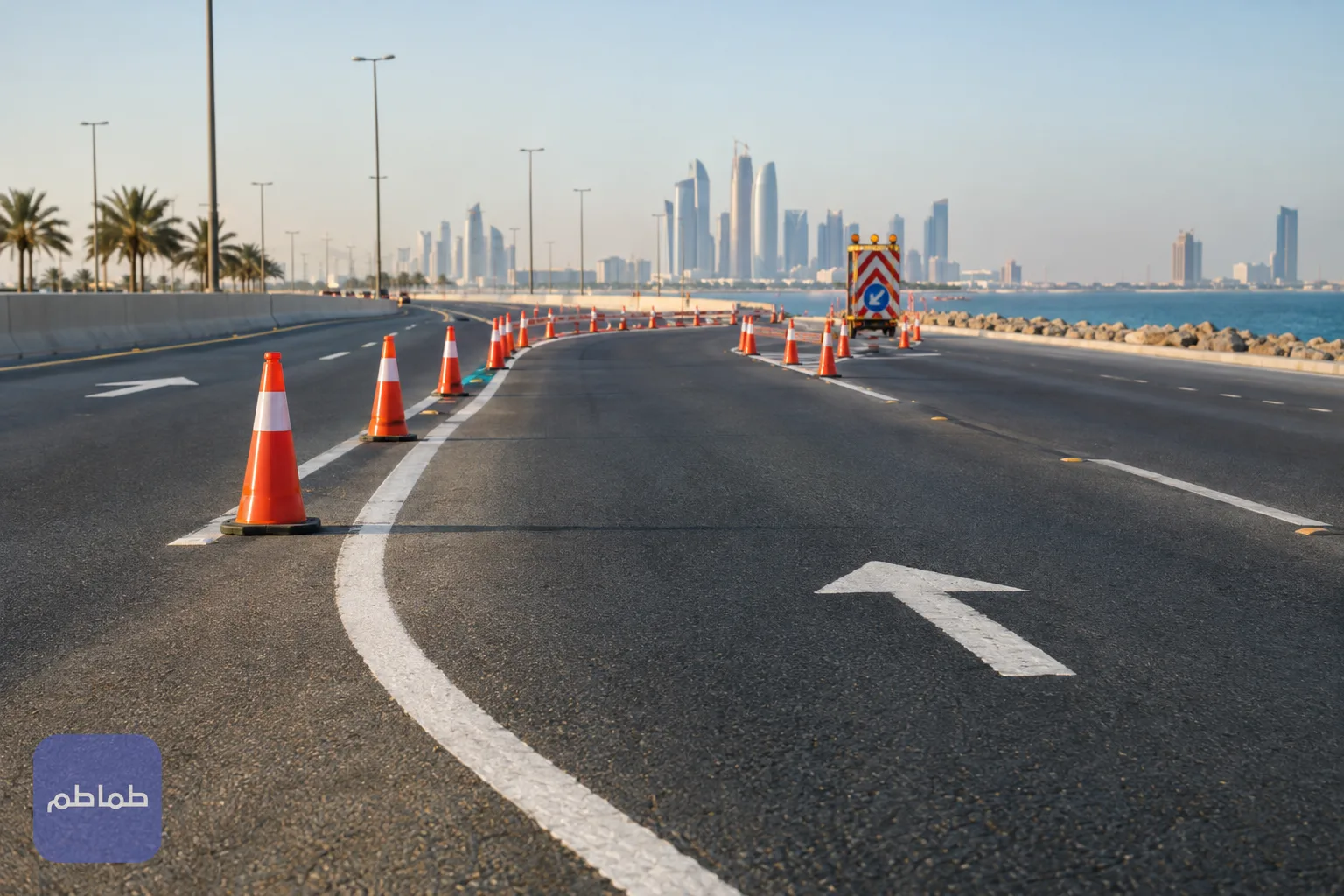 حواجز برتقالية وخطوط إرشادية توجه السيارات إلى مسار بديل على طريق خليجي