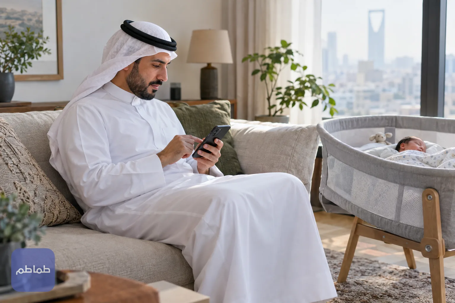 أب يتابع إجراءات التسجيل على هاتفه بجانب سرير المولود