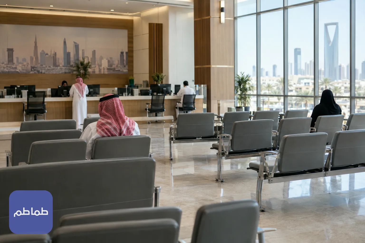 قاعة انتظار هادئة في مركز خدمات حكومي بالرياض بإضاءة نهارية