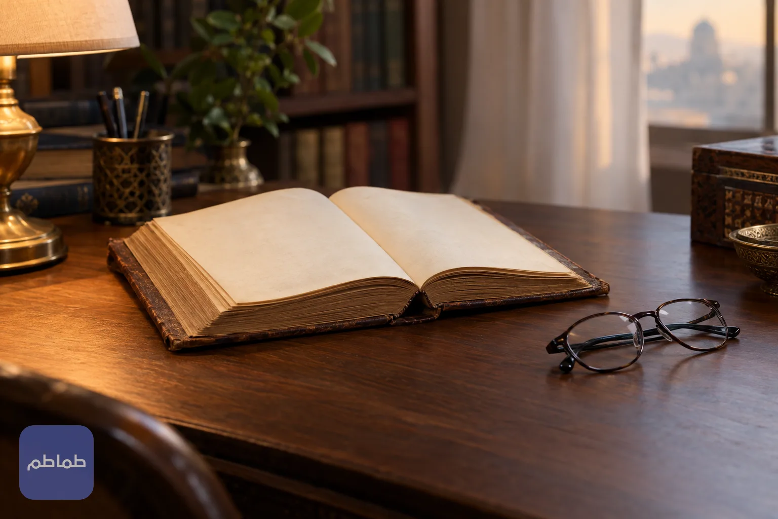 كتاب قديم مفتوح على مكتب خشبي بجانبه نظارة قراءة، في إضاءة دافئة وهادئة