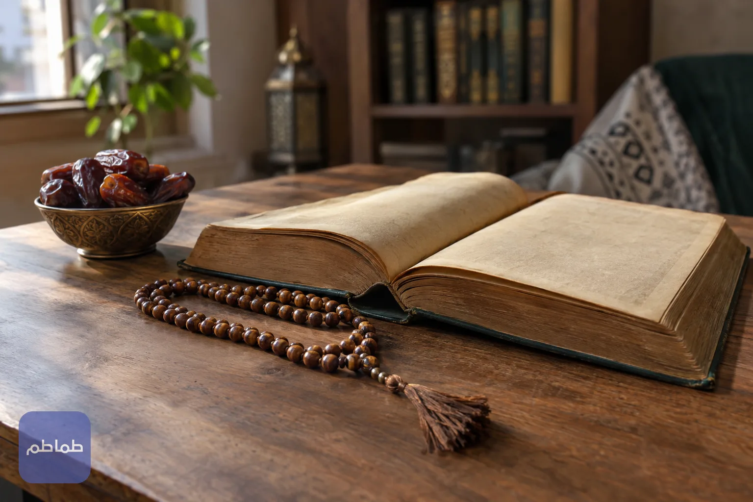 كتاب قديم مفتوح إلى جانب مسبحة خشبية على طاولة في إضاءة نهارية هادئة