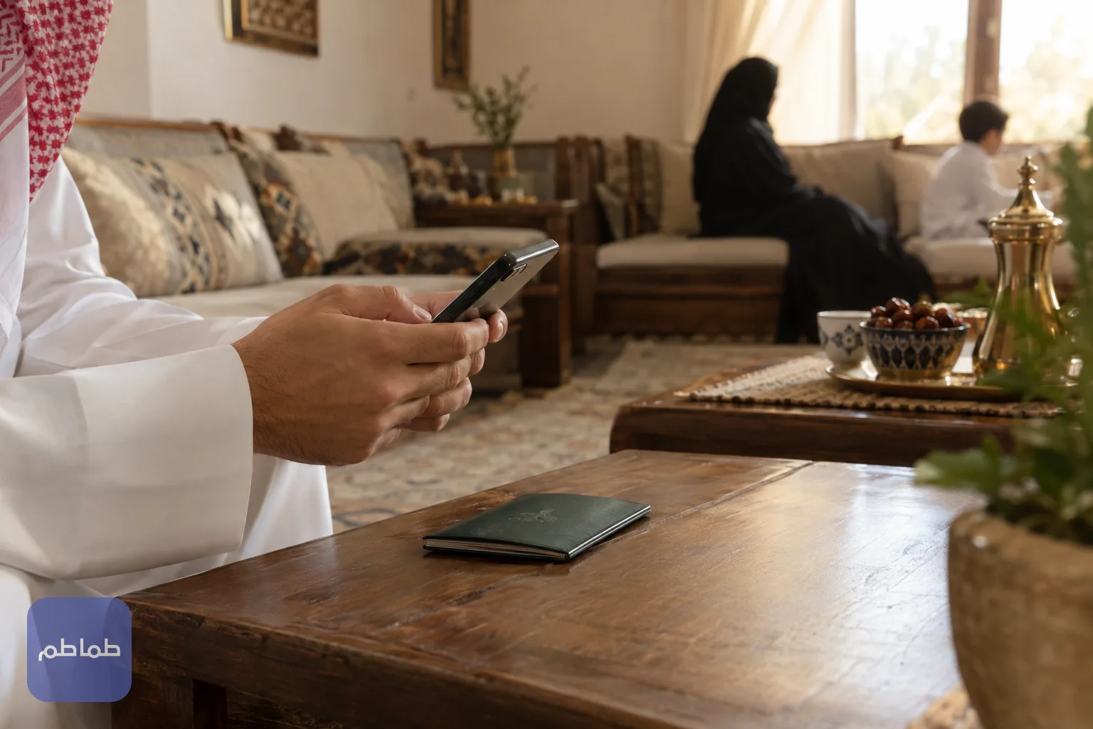 يدان تمسكان هاتفًا فوق جواز سفر على طاولة في مجلس منزلي