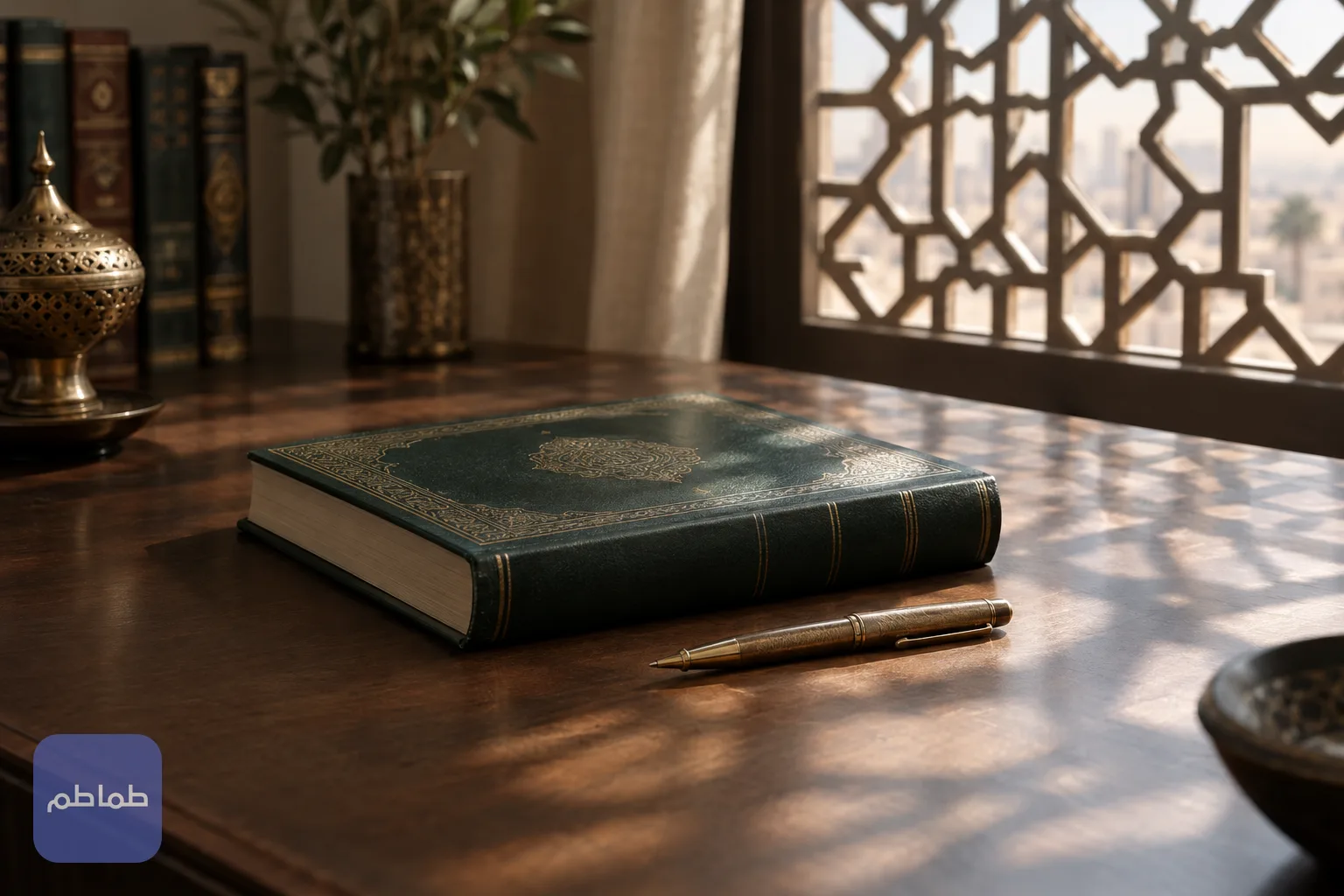كتاب قانوني مغلق وقلم نحاسي على مكتب خشبي قرب نافذة في غرفة هادئة