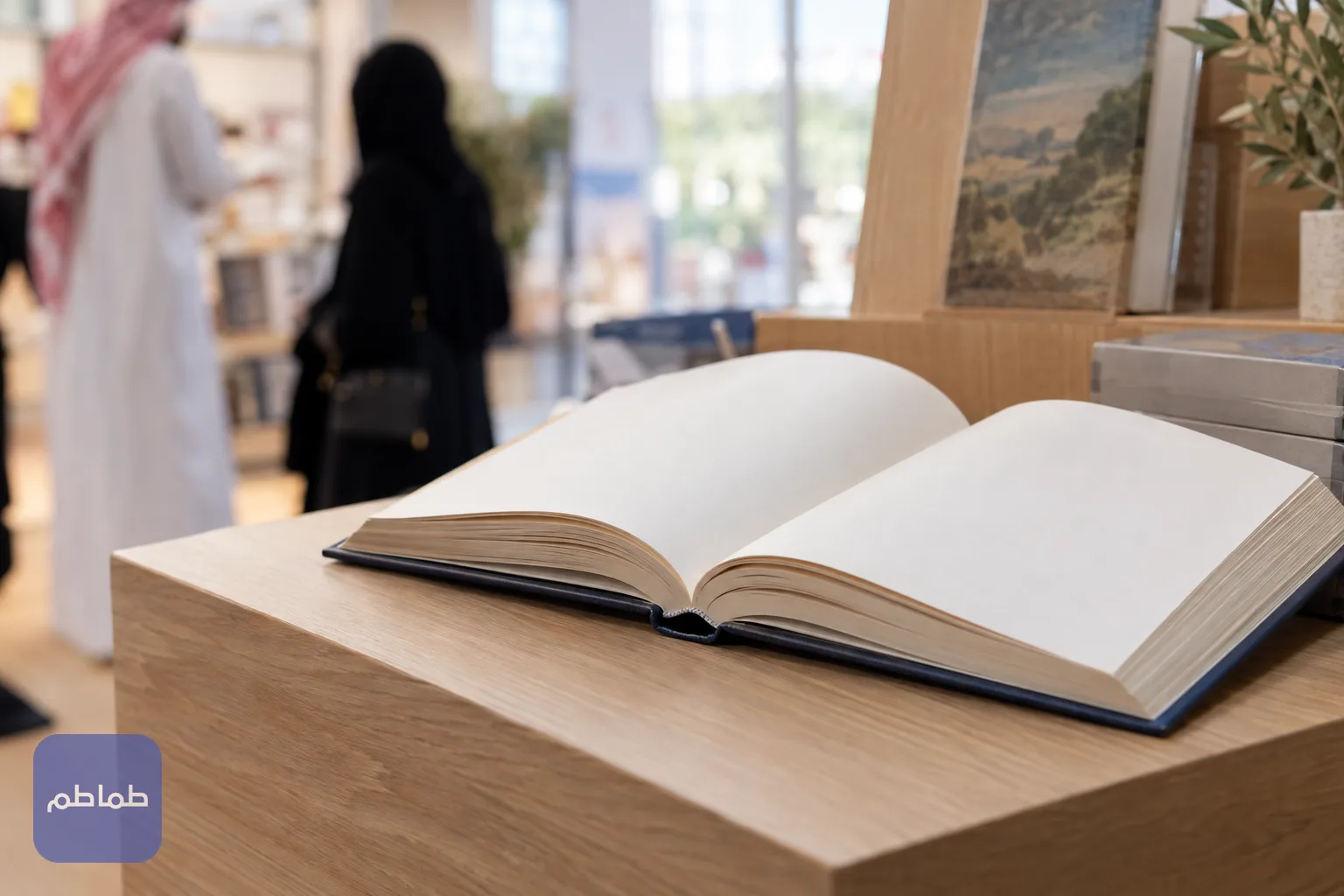 كتاب مفتوح على طاولة خشبية في جناح معرض بإضاءة ناعمة وخلفية غير واضحة