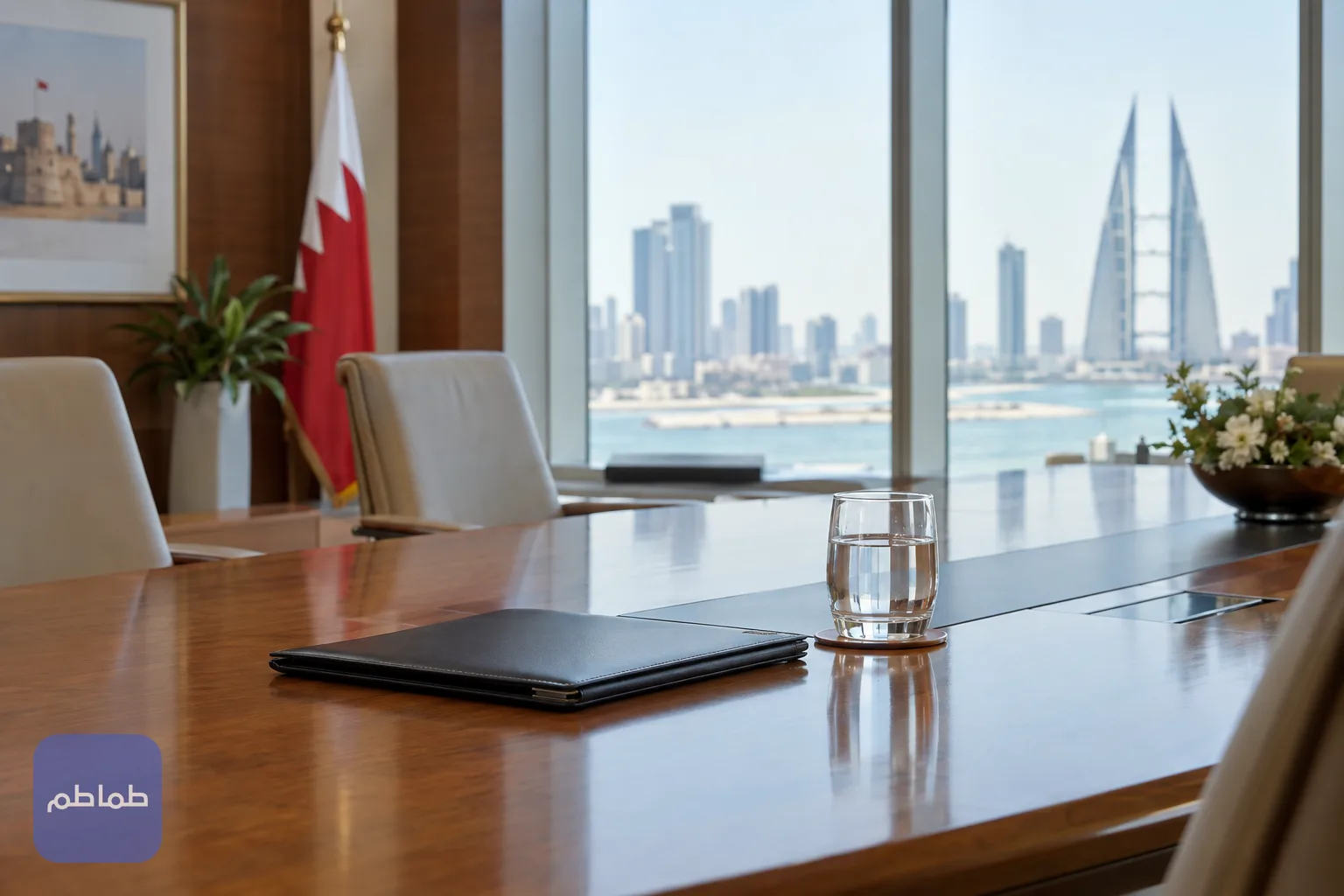 مكتب إداري هادئ في المنامة يظهر فيه ملف مغلق على طاولة اجتماعات خشبية