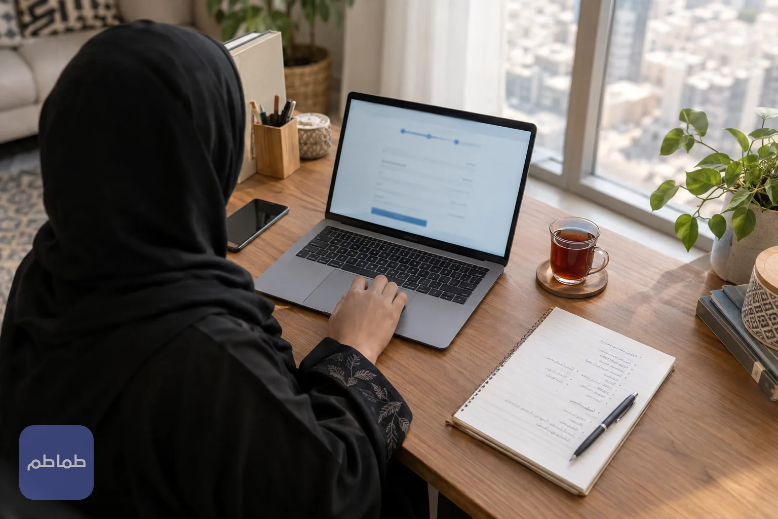 شاشة حاسوب تعرض نموذجًا إلكترونيًا بجوار دفتر ملاحظات وكوب شاي على مكتب منزلي