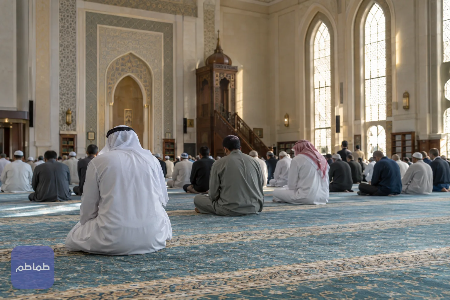 مصلون داخل مسجد إماراتي في صباح جمعة، والضوء يتسلل من النوافذ المقوّسة إلى الصفوف
