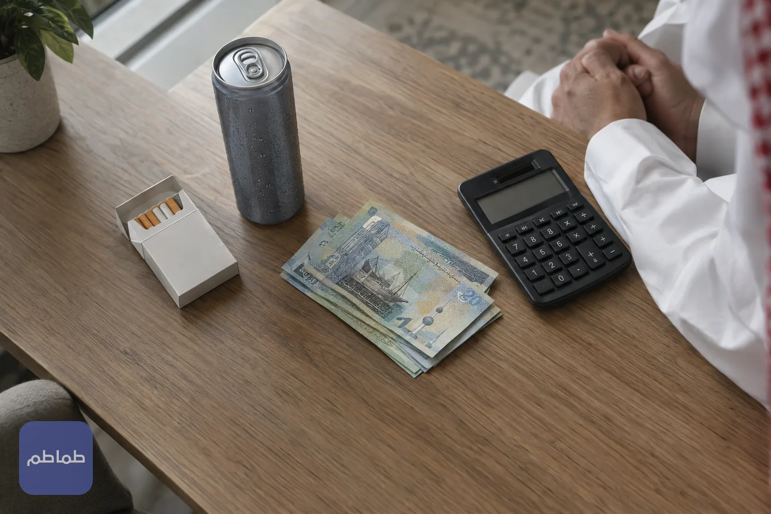 طاولة خشبية عليها علبة سجائر وعلبة مشروب طاقة وأوراق نقد كويتية وآلة حاسبة