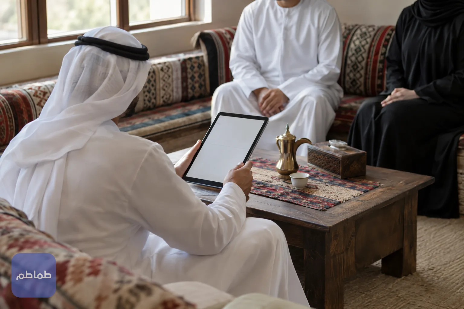مأذون شرعي يُدخل بيانات عقد الزواج على جهاز لوحي بحضور الشهود في مجلس تقليدي هادئ