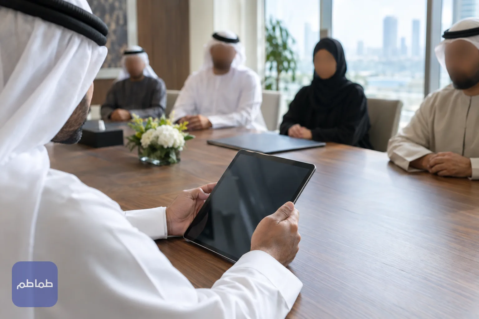 مأذون شرعي يعرض الجهاز اللوحي على الطرفين والشاهدين أثناء مجلس العقد