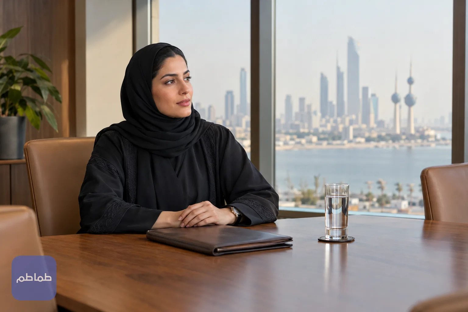 طاولة اجتماعات هادئة في مكتب بالكويت مع ملف مغلق وإضاءة نهارية طبيعية
