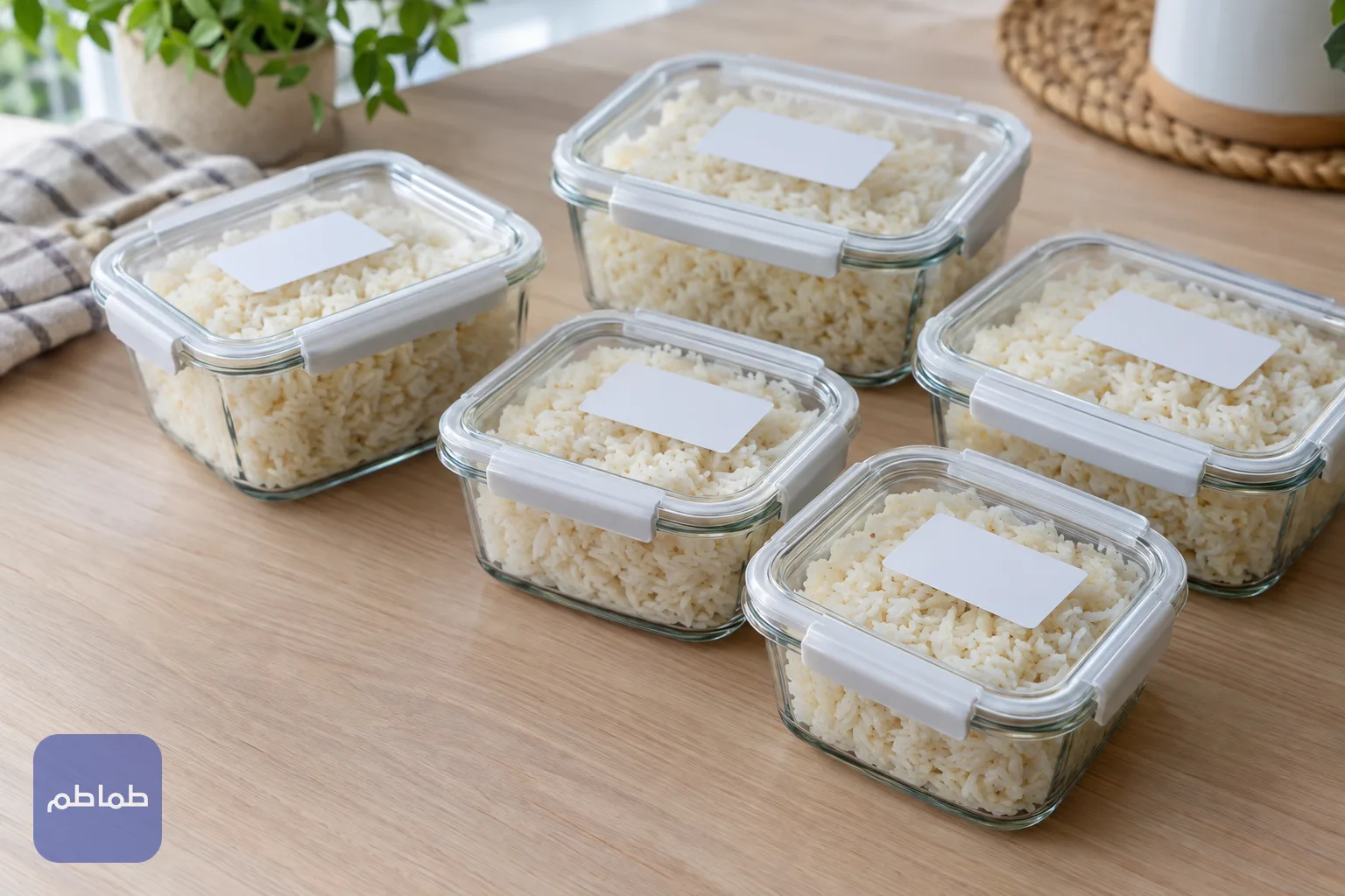 حصص صغيرة من الأرز المطبوخ في حاويات زجاجية محكمة الإغلاق على طاولة خشبية