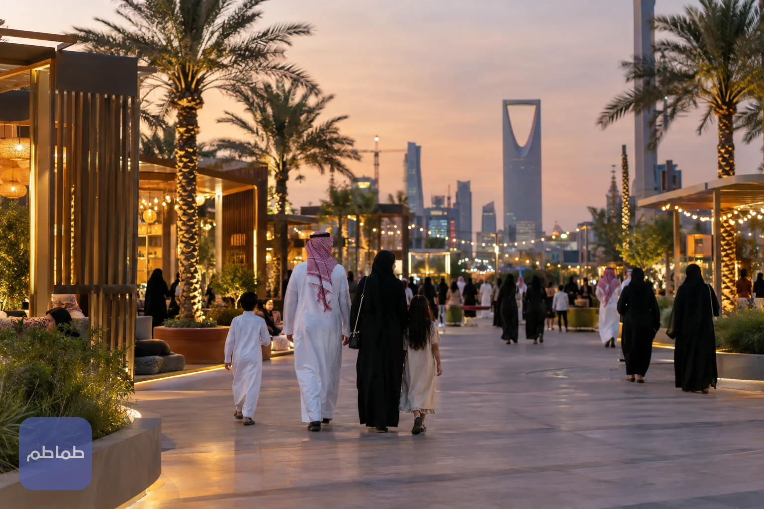 عائلات تتجول في شارع مضاء بين الأجنحة وأشجار النخيل عند الغروب