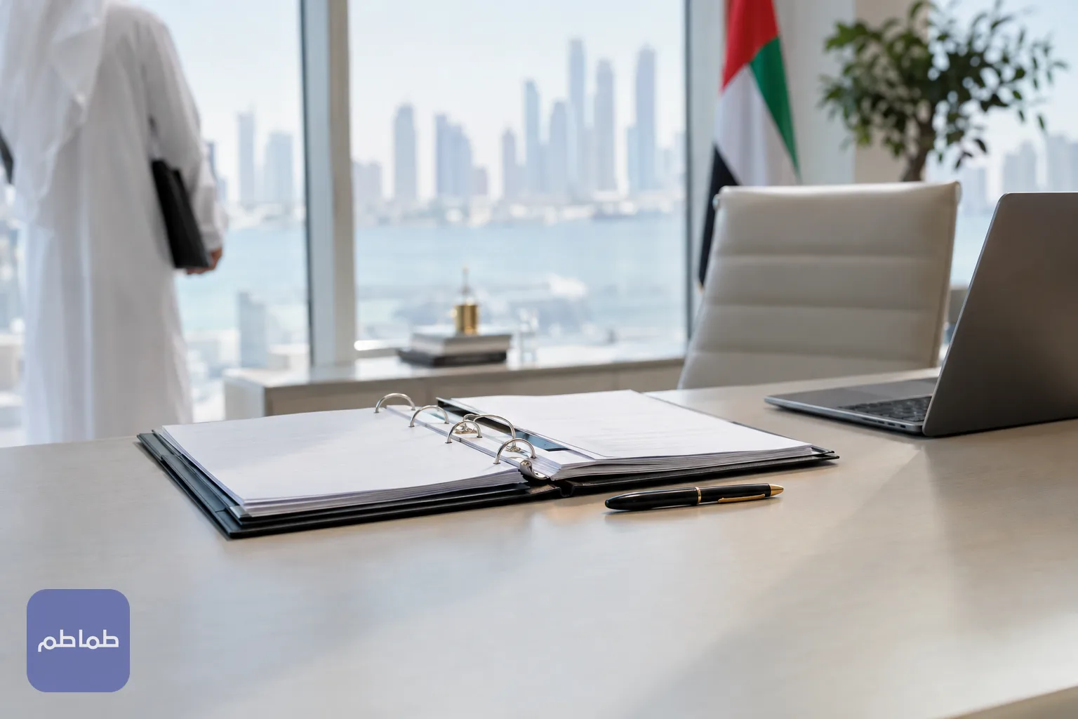 ملفات ورقية ومستند مفتوح على مكتب في مكتب حكومي بإضاءة هادئة