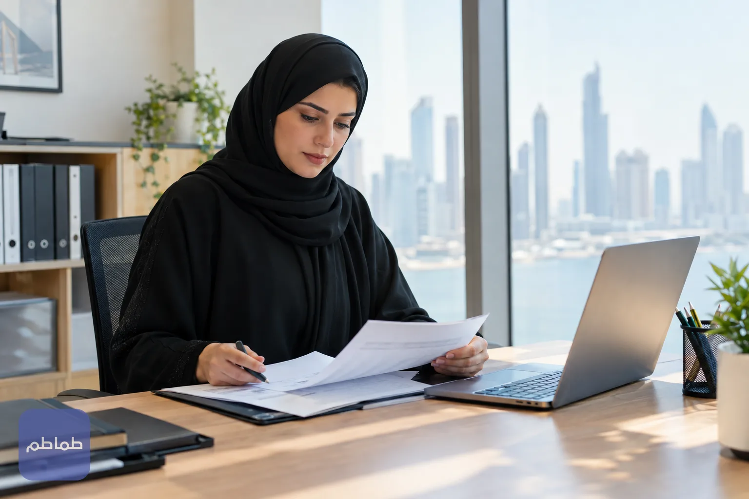موظف إداري يراجع ملف الرواتب على حاسوبه قبل إرساله إلى البنك