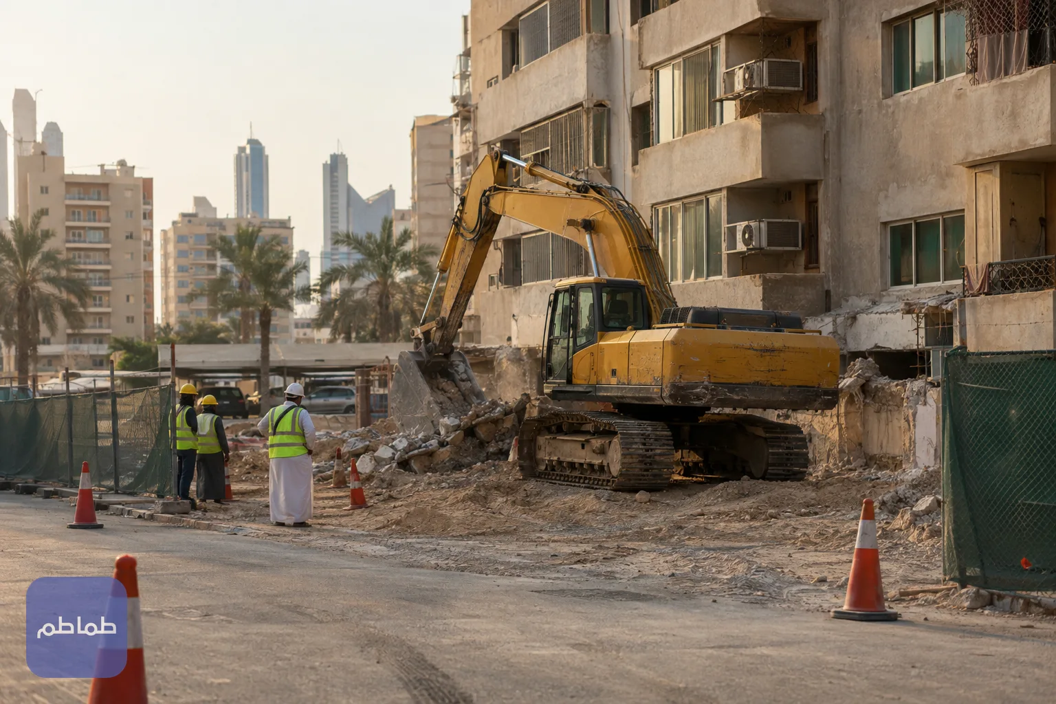 آلية ثقيلة قرب مبنى سكني قديم من الخرسانة في حي مكتظ بالكويت