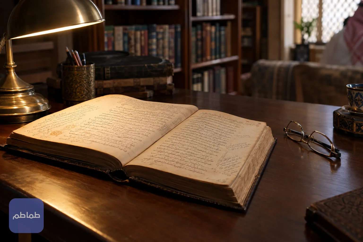 كتاب عربي قديم مفتوح على مكتب خشبي بجانبه مصباح قراءة ونظارة