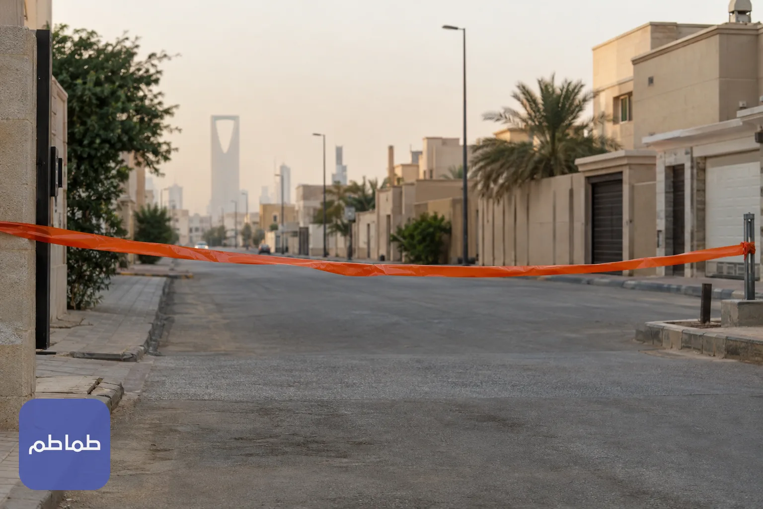 شريط حاجز برتقالي يغلق طريقًا سكنيًا هادئًا في الصباح
